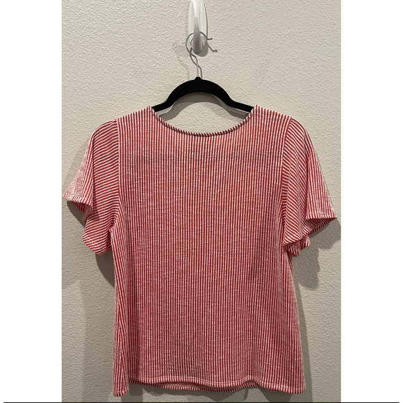 W5 Red White Stripe Short Flutter Square Neck Blouse - Picture 3 of 4